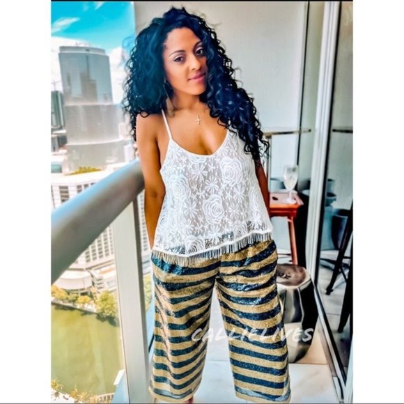 Callie Scotch Soda: Sequin Navy Blue Gold Horizontal Stripe Palazzo Pants - Picture 5 of 8